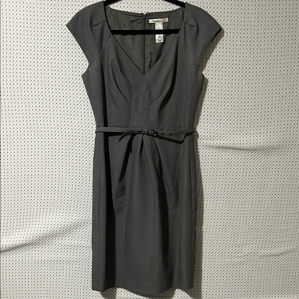 Gray Belted Work Dress with Cap Sleeves